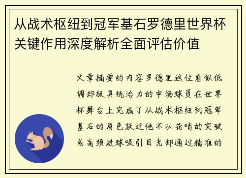 从战术枢纽到冠军基石罗德里世界杯关键作用深度解析全面评估价值
